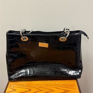 Beijo Black Crocodile-Embossed Shoulder Bag